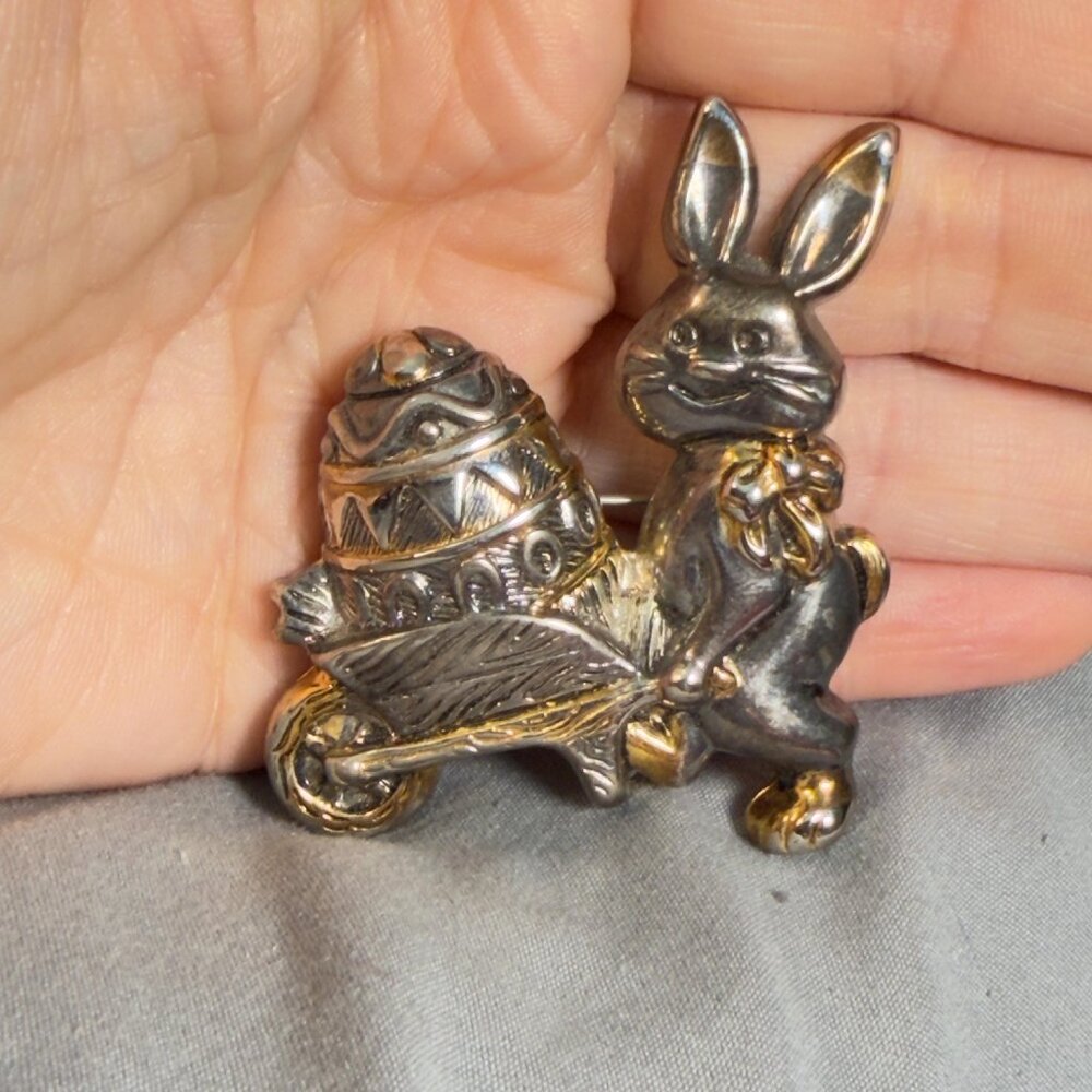 Signed BEST Rabbit Wheelbarrow Brooch Vintage Figural Animal Pin 2.25"